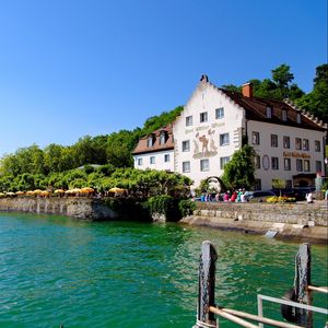 Preview wallpaper town, meersburg, germany, house, trees, nature, water, lake, river