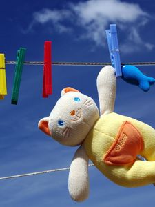 Preview wallpaper toy, cat, clothesline, dry, clothespin