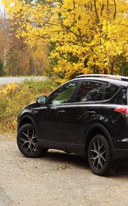 Preview wallpaper toyota, car, black, road, trees, autumn