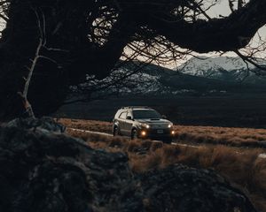 Preview wallpaper toyota, car, suv, side view, branches, road