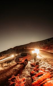 Preview wallpaper toyota, car, suv, gray, light, long exposure, road