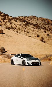 Preview wallpaper toyota gt86, toyota, sports car, car, white, road, hills