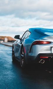 Preview wallpaper toyota supra, toyota, car, sportscar, gray, rear view, road