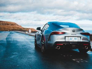 Preview wallpaper toyota supra, toyota, car, sportscar, gray, rear view, road