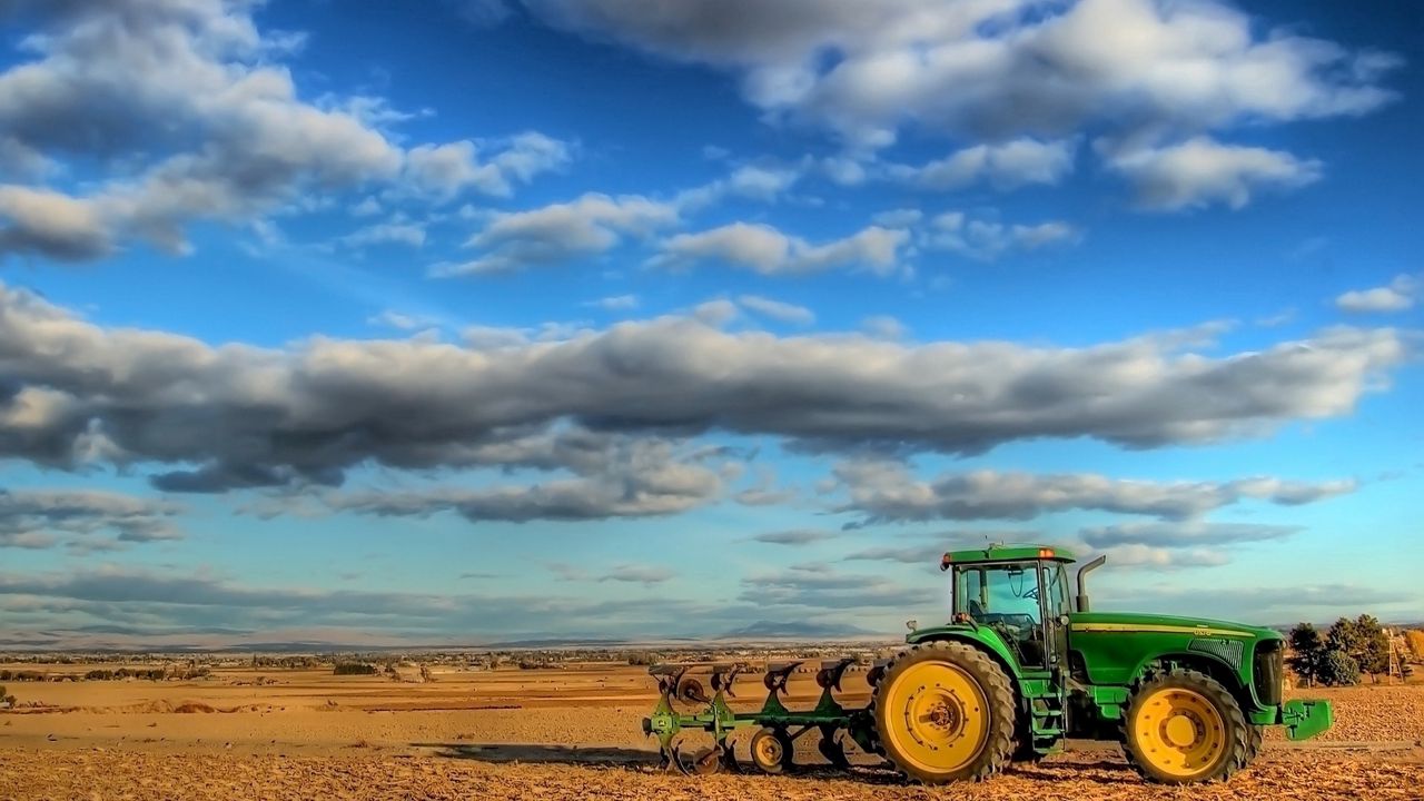 Wallpaper tractor, field, plowing, clouds, agriculture