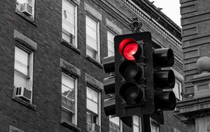 Preview wallpaper traffic light, city, buildings, red, glow