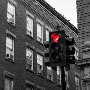 Preview wallpaper traffic light, city, buildings, red, glow