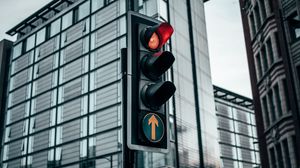 Preview wallpaper traffic light, signal, red, city, buildings