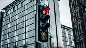 Preview wallpaper traffic light, signal, red, city, buildings