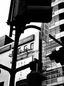 Preview wallpaper traffic lights, street, inscriptions, hieroglyphs, tokyo, japan, black and white