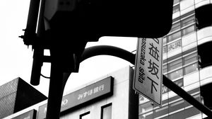 Preview wallpaper traffic lights, street, inscriptions, hieroglyphs, tokyo, japan, black and white