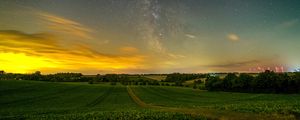 Preview wallpaper trail, field, grass, trees, twilight, milky way