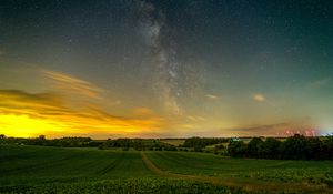 Preview wallpaper trail, field, grass, trees, twilight, milky way