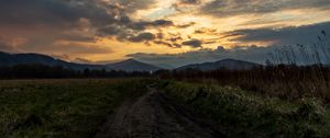 Preview wallpaper trail, field, grass, mountains, trees, clouds, landscape