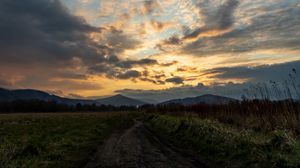 Preview wallpaper trail, field, grass, mountains, trees, clouds, landscape