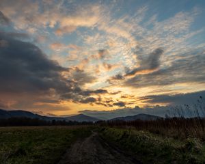 Preview wallpaper trail, field, grass, mountains, trees, clouds, landscape