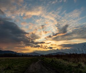 Preview wallpaper trail, field, grass, mountains, trees, clouds, landscape