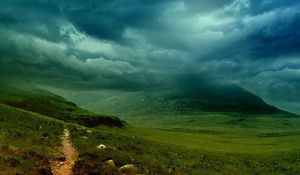 Preview wallpaper trail, mountain peak, clouds, grass, sky