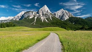 Preview wallpaper trail, mountain, valley, grass, landscape