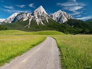 Preview wallpaper trail, mountain, valley, grass, landscape