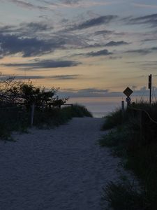 Preview wallpaper trail, sand, footprints, grass, sea, sky, nature