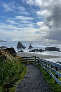 Preview wallpaper trail, sea, rocks, grass, nature