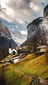 Preview wallpaper trail, slope, house, buildings, mountains