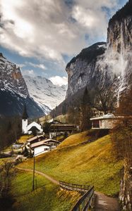 Preview wallpaper trail, slope, house, buildings, mountains