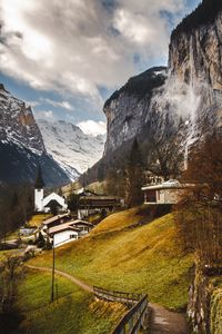 Preview wallpaper trail, slope, house, buildings, mountains