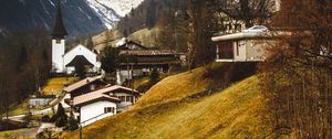 Preview wallpaper trail, slope, house, buildings, mountains