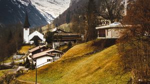 Preview wallpaper trail, slope, house, buildings, mountains