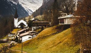Preview wallpaper trail, slope, house, buildings, mountains