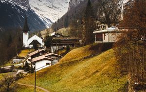 Preview wallpaper trail, slope, house, buildings, mountains