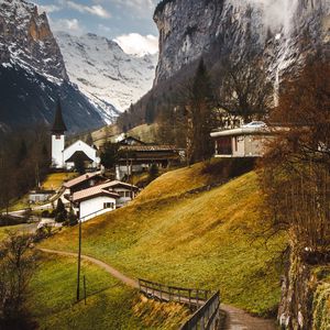 Preview wallpaper trail, slope, house, buildings, mountains