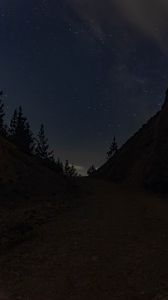 Preview wallpaper trail, slope, trees, night, stars