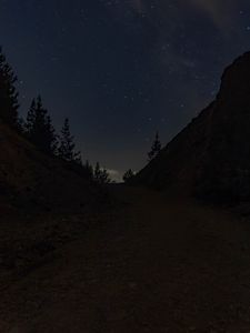 Preview wallpaper trail, slope, trees, night, stars