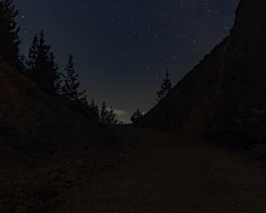Preview wallpaper trail, slope, trees, night, stars