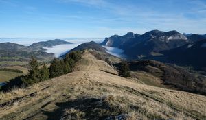 Preview wallpaper trail, trees, clouds, fog, mountains