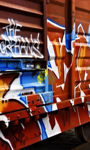 Preview wallpaper trailer, car, graffiti, colorful, metal