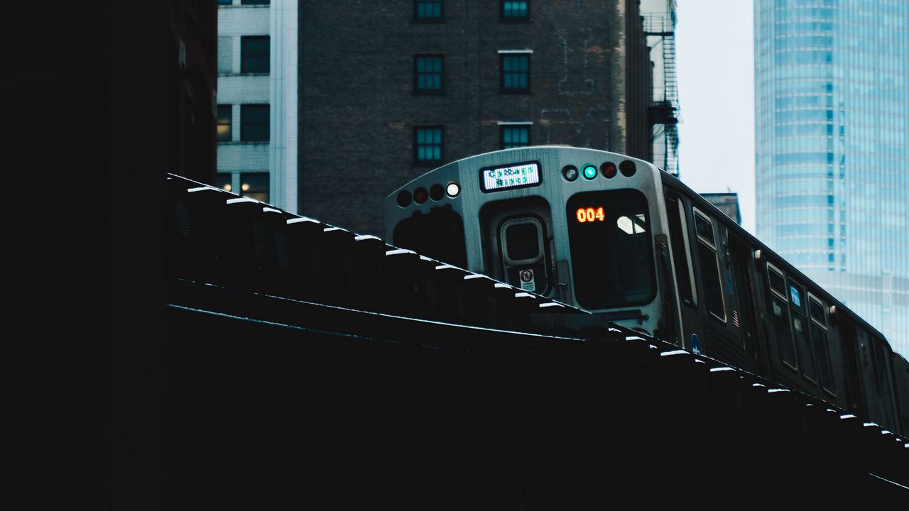 Wallpaper train, bridge, buildings, city