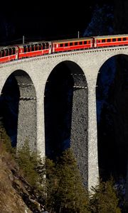 Preview wallpaper train, bridge, railway, height, racks, stones, bricks