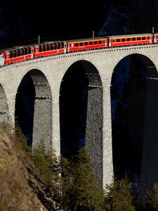 Preview wallpaper train, bridge, railway, height, racks, stones, bricks