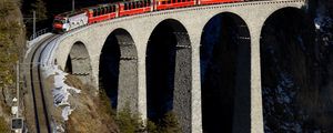 Preview wallpaper train, bridge, railway, height, racks, stones, bricks