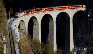 Preview wallpaper train, bridge, railway, height, racks, stones, bricks