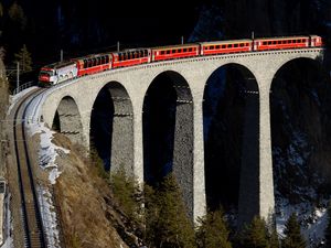 Preview wallpaper train, bridge, railway, height, racks, stones, bricks