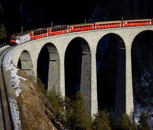 Preview wallpaper train, bridge, railway, height, racks, stones, bricks