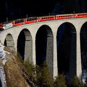 Preview wallpaper train, bridge, railway, height, racks, stones, bricks