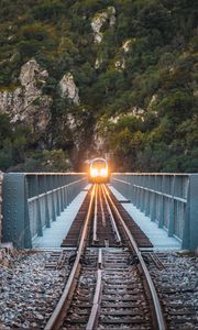 Preview wallpaper train, bridge, rock, light