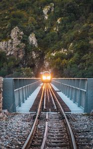 Preview wallpaper train, bridge, rock, light