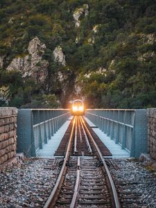 Preview wallpaper train, bridge, rock, light